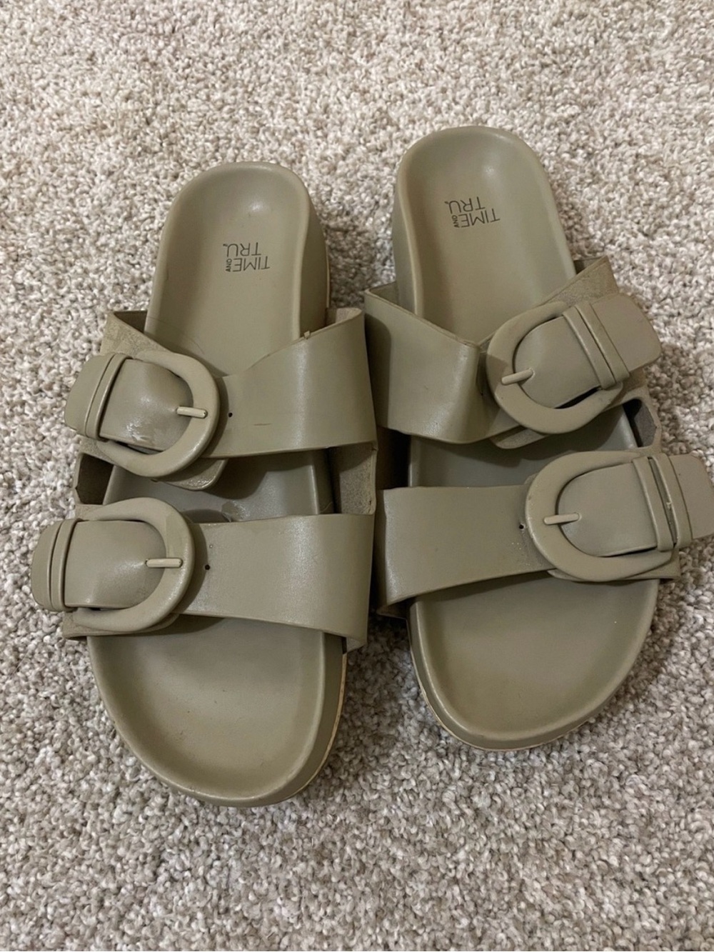 Time and Tru Olive Green Double Buckle Slide Sandals
